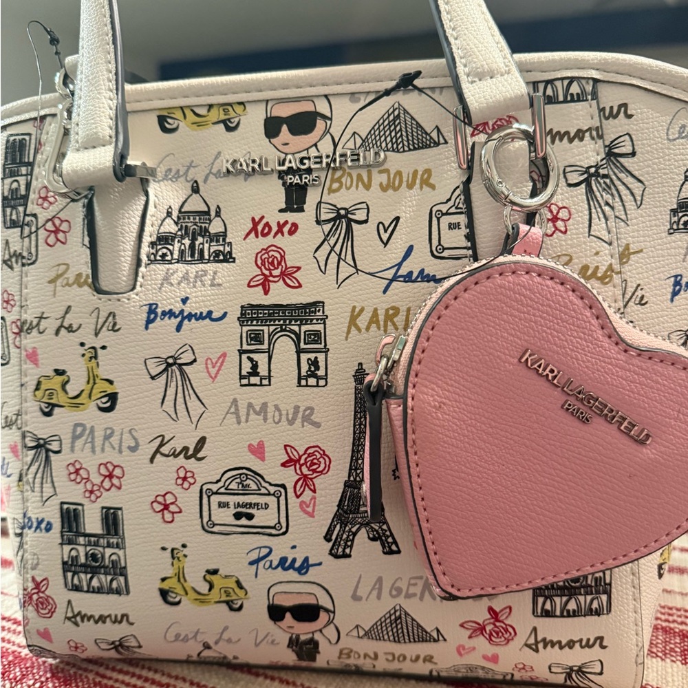 Karl Lagerfeld Multicolor Paris Print Tote with Pink Heart Charm